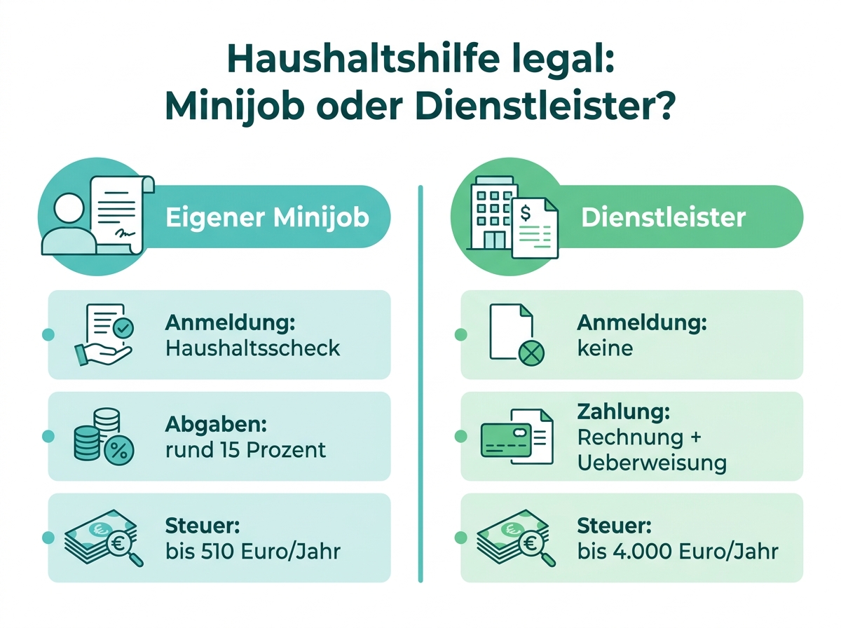 Infografik: Haushaltshilfe legal – Vergleich von Minijob und Dienstleister mit Kosten und Steuervorteil