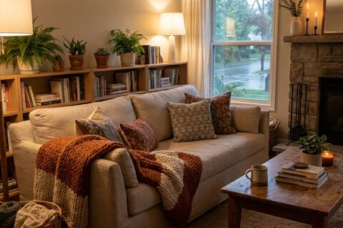 Gemütliches Wohnzimmer mit warmen Farben, Kissen, Decke und Pflanzen