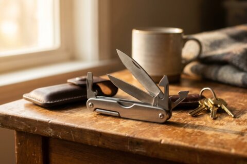 Kompaktes Multitool aufgeklappt neben Lederetui als Geschenk