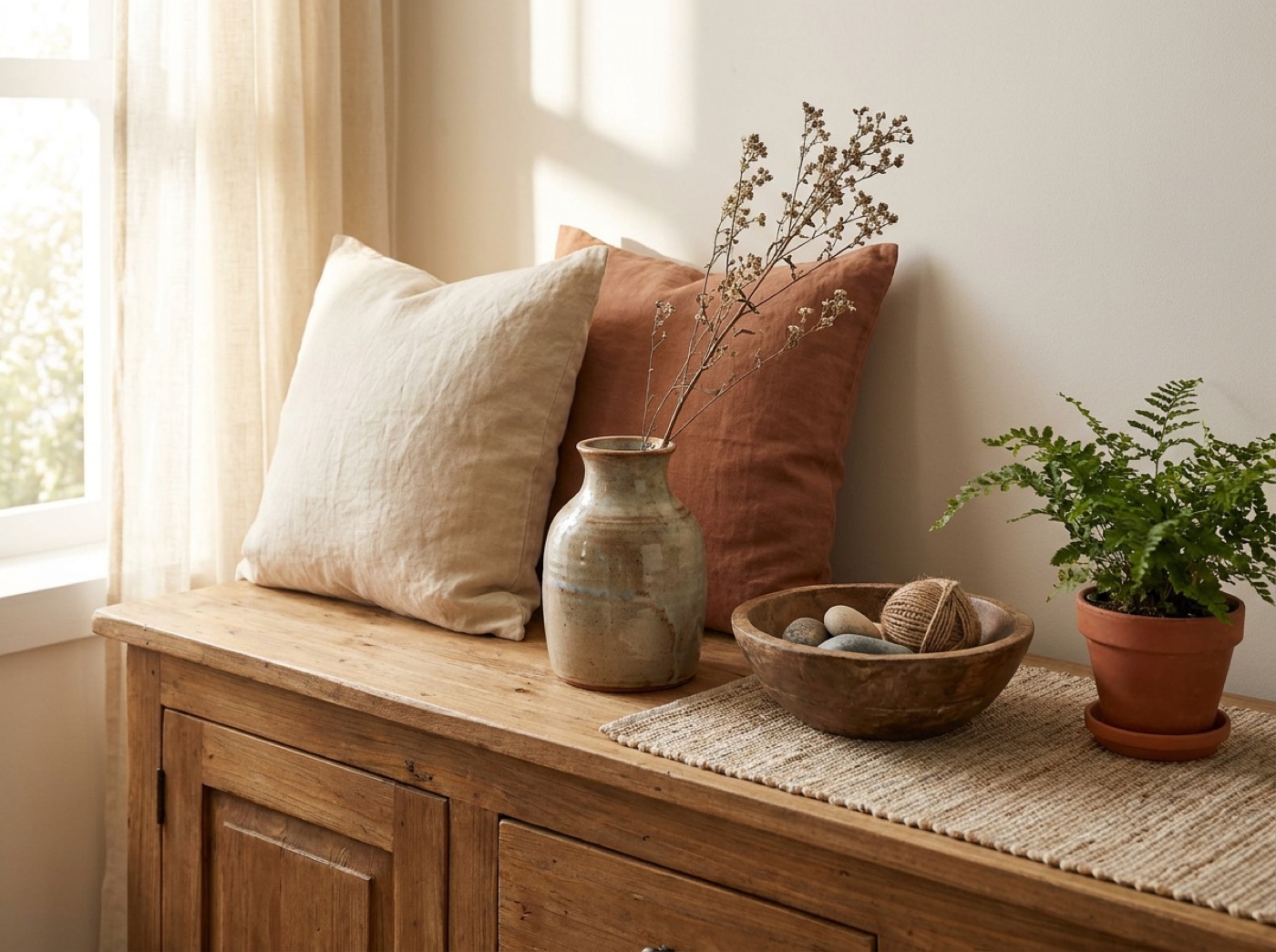 Natürliche Wohnaccessoires aus Holz, Leinen und Keramik mit Zimmerpflanzen