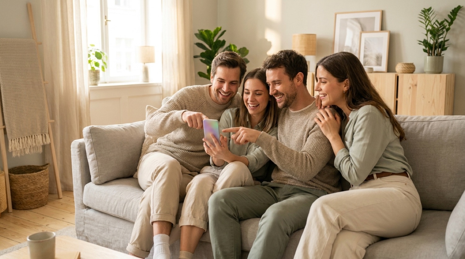 Vier Freunde planen gemeinsam ein geteiltes Geschenk zur Geburt