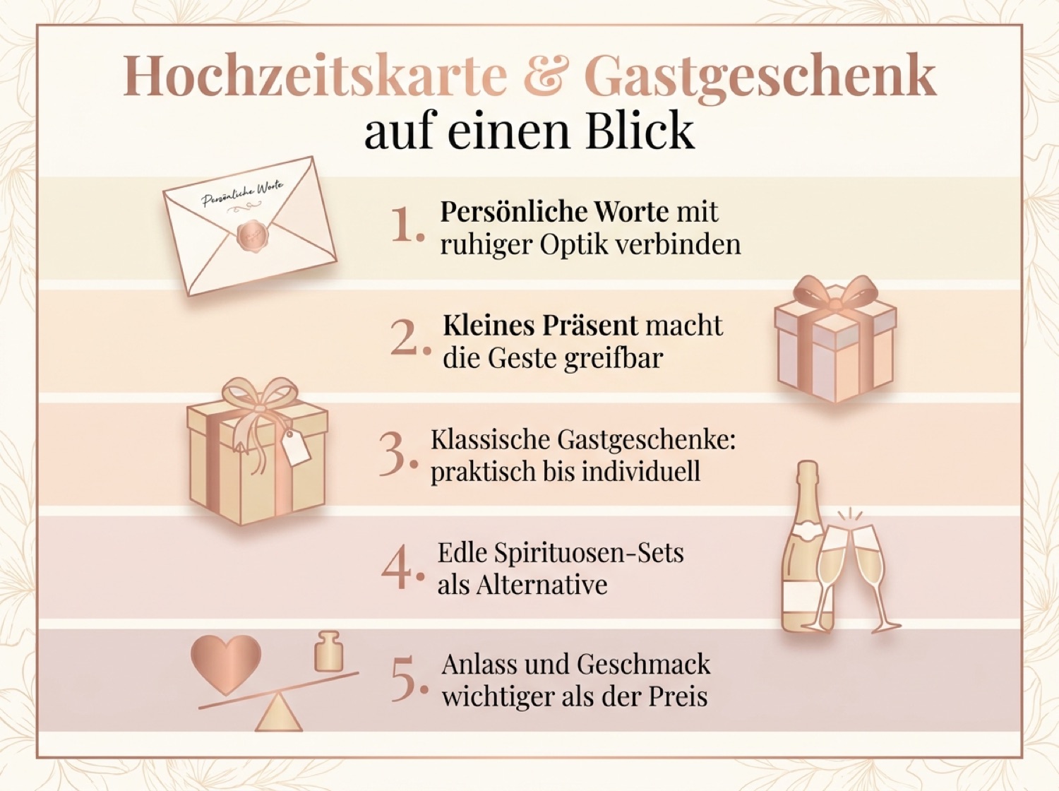 Übersicht mit Tipps zu Hochzeitskarte und Gastgeschenk
