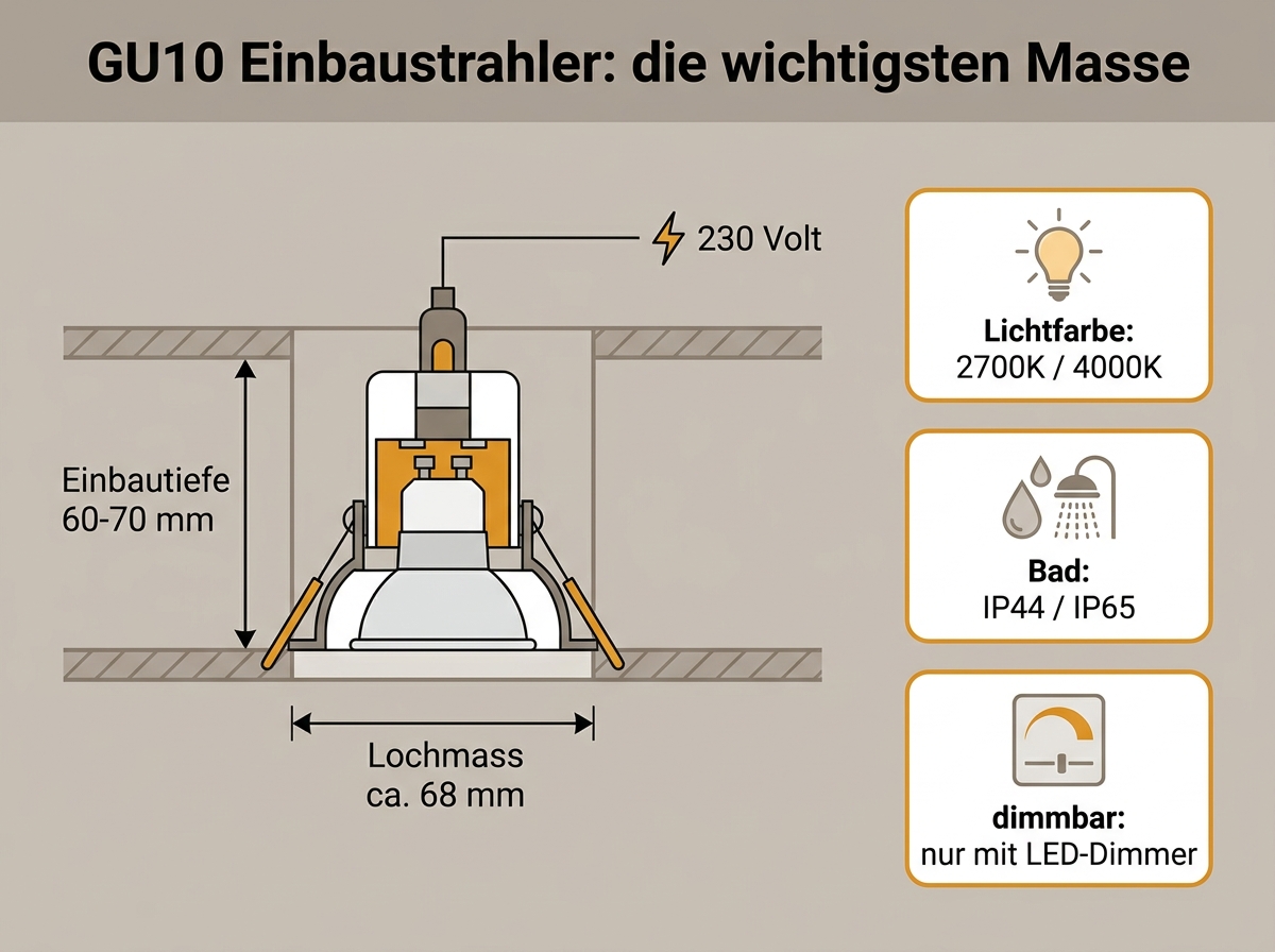 Infografik: GU10 Einbaustrahler – Einbautiefe, Lochmaß und weitere Kennwerte