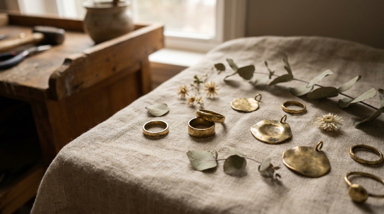 Nachhaltige Handmade-Geschenke: handgefertigter Messingschmuck auf Leinen