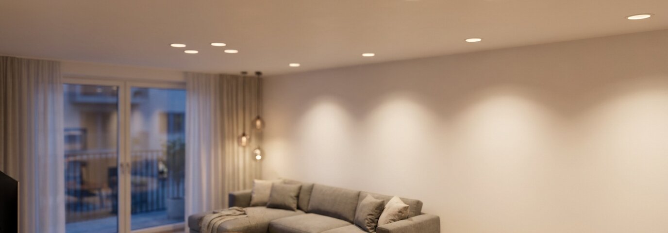 Moderne Decke mit mehreren eingebauten GU10 Einbaustrahlern im Wohnzimmer