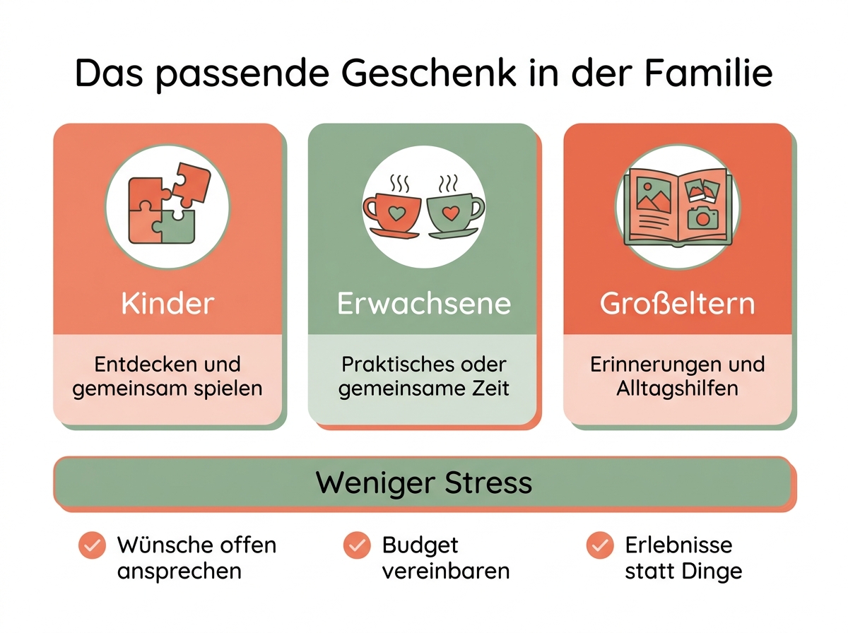 Infografik: passende Geschenke in der Familie für Kinder, Erwachsene und Großeltern plus Tipps gegen Geschenkestress