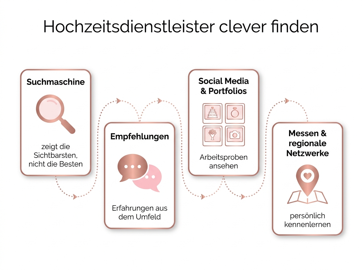 Infografik: vier Wege zur Dienstleister-Recherche von Suchmaschine bis Hochzeitsmesse