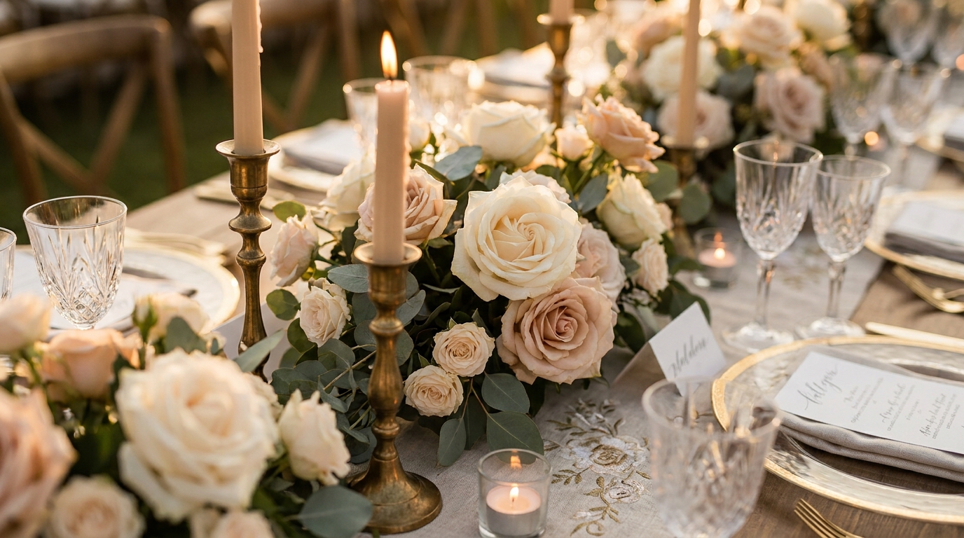 Elegant gedeckter Hochzeitstisch mit Blumen, Kerzen und Platzkarten